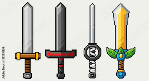 Title: "Pixel Art Fantasy Sword Collection: Set of Four Unique Blades Including Medieval Broadsword, Japanese Katana, and Tactical Daggers Designed for RPG Video Game Assets and Digital Character Inve
