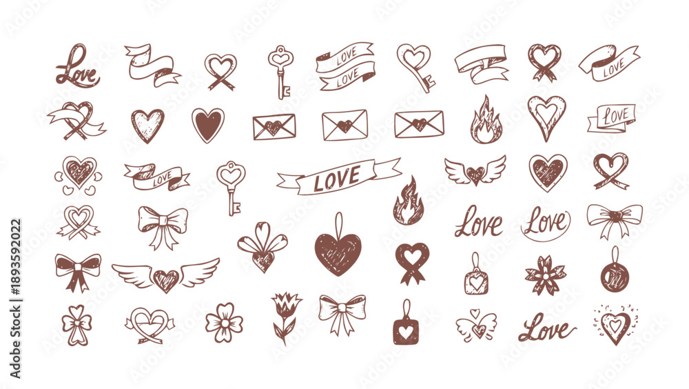 Fototapeta premium Elegant Hand Drawn Love Icons with Ribbons and Heart Calligraphy