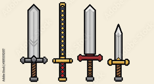 Title: "Pixel Art Fantasy Sword Collection: Set of Four Unique Blades Including Medieval Broadsword, Japanese Katana, and Tactical Daggers Designed for RPG Video Game Assets and Digital Character Inve