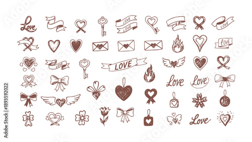 Elegant Hand Drawn Love Icons with Ribbons and Heart Calligraphy