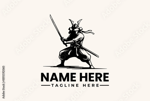 A black and white vector illustration of a samurai warrior in a fighting stance, holding swords, with a bold logo and tagline text on a clean white background.