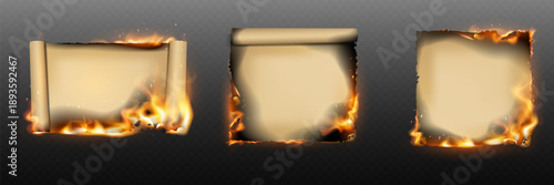 Set of burning parchment paper frames with flames