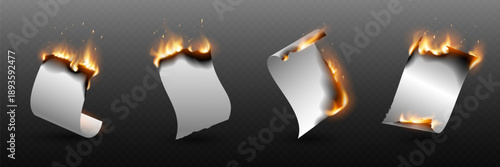 Set of realistic fire burning paper with light effect. On a transparent background.