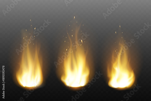 Realistic fire flames set isolated on transparent background