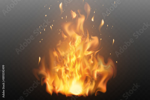 Burning fire flame effect on a transparent background.