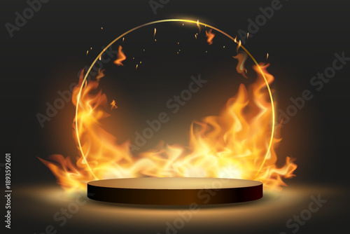 Futuristic fire circle stage with empty platform and reflections.
