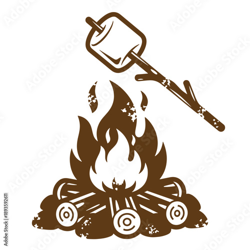 Vintage Grunge texture roasting marshmallow on stick over campfire  toasting smores on wooden sticks  summer outdoor activity