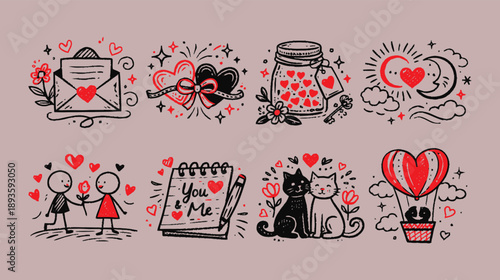 Cute Romantic Love Story Doodles - Hand Drawn Cats in Love, Hot Air Balloon, Heart Jar, and "You & Me" Anniversary Sketch Illustrations