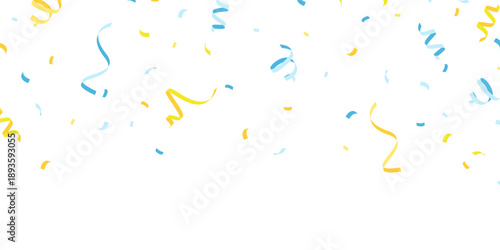 The background is adorned with bright blue and yellow confetti, perfect for celebrations. A beautiful festive decoration vector illustration.