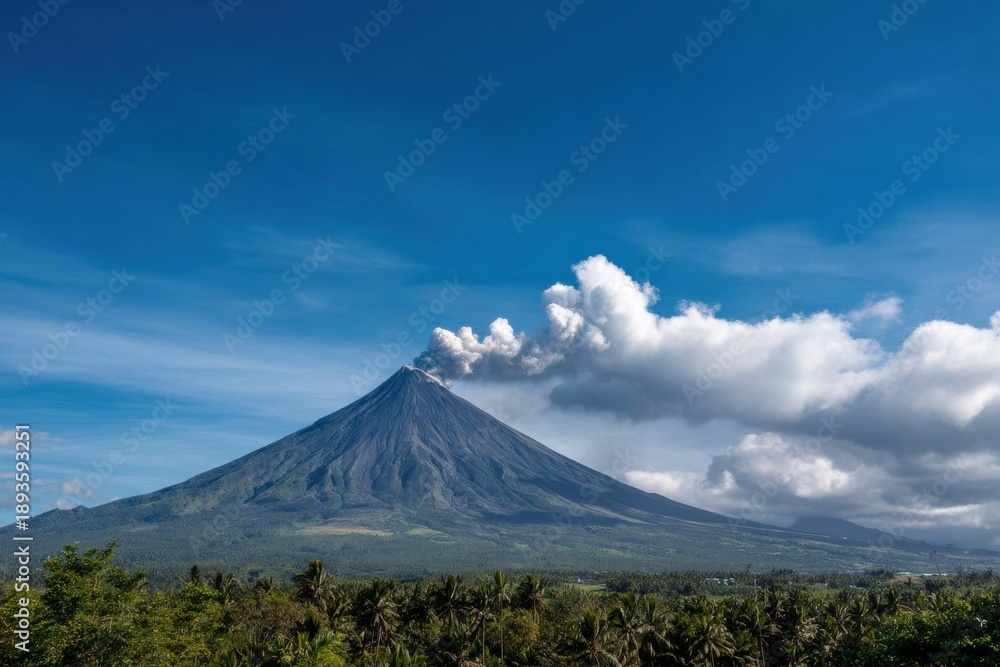 Fototapeta premium Majestic mayon volcano eruption under blue sky in the philippines