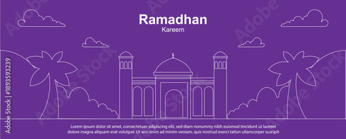 Minimalist Ramadan illustration featuring Islamic elements, mosque line art. Suitable for banners, social media, posters, and festive backgrounds.