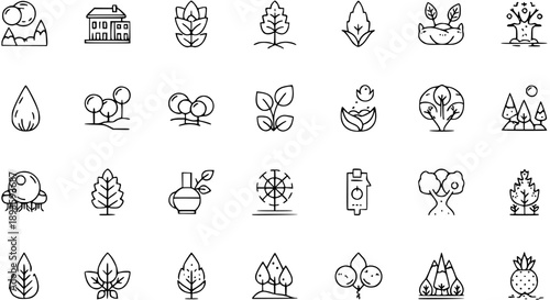 Nature, Plant, Tree, and Environment Line Icons Set. Collection of natural, organic, ecology, growth, and botanical vector symbols.