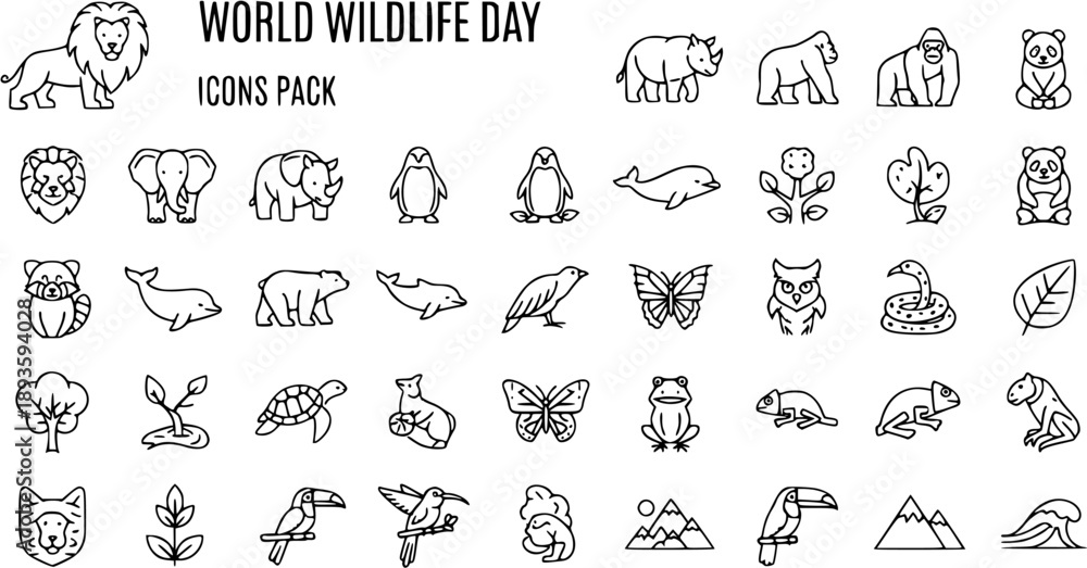 Fototapeta premium World Wildlife Day Icons Pack: Outline Animal Nature Symbols for Biodiversity Conservation