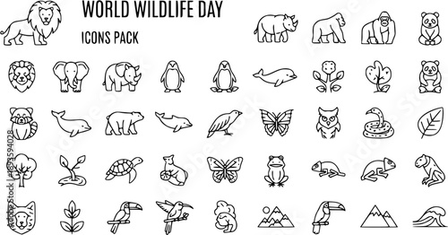 World Wildlife Day Icons Pack: Outline Animal  Nature Symbols for Biodiversity Conservation