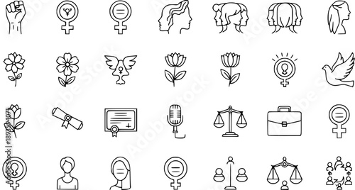 Feminism, Women Rights  Equality Line Icons Set. Empowerment, Education, Justice, Peace  Professionalism Vector Symbols