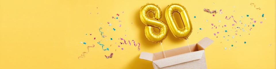 80th birthday celebration concept with gold balloons and confetti on yellow background