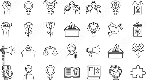 Set of Line Icons for Women's Rights, Feminism, Gender Equality, Empowerment, and Global Advocacy