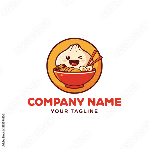 Cute cartoon dim sum character in a bowl with chopsticks logo.