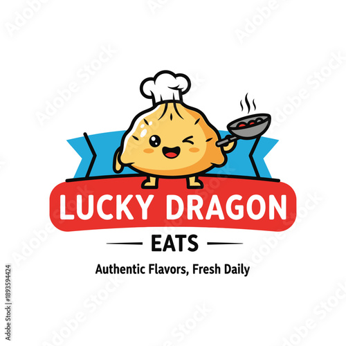 Cute cartoon dumpling character chef holding a frying pan with food.