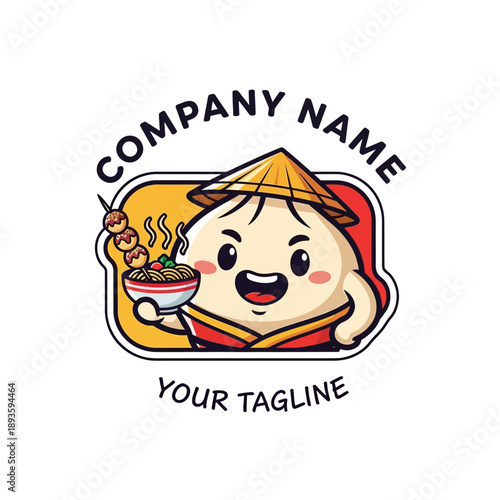 Cute Dumpling Character Holding a Bowl of Noodles and Skewers.