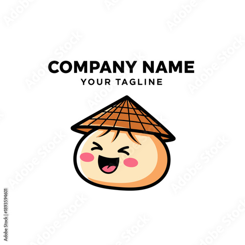 Cute happy bao bun character wearing a conical hat for food business logo.