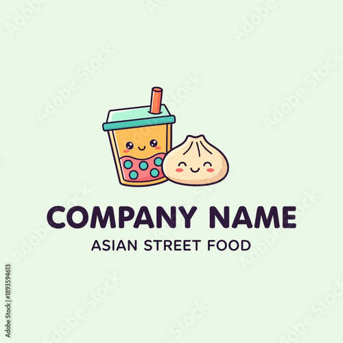 Cute Kawaii Asian Street Food Logo with Boba Tea and Dumpling.
