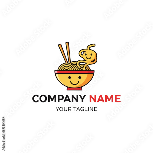 Cute Noodle Bowl Character with Chopsticks and Happy Face.