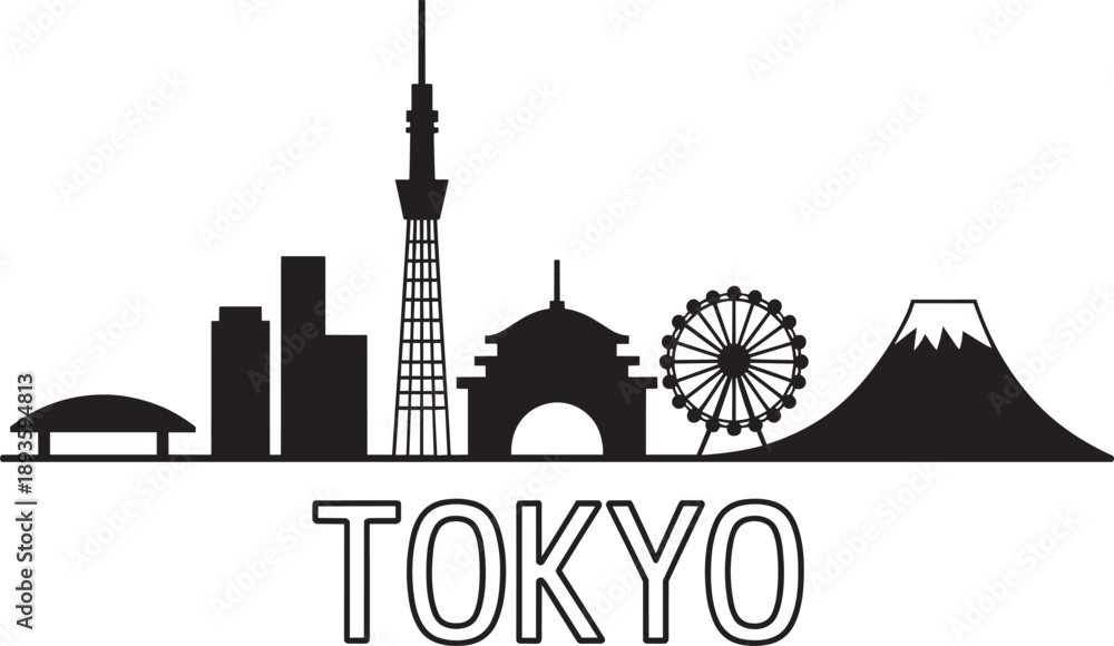 Fototapeta premium Tokyo japan vector skyline silhouette with famous buildings outlines black and white illustration
