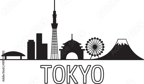 Tokyo japan vector skyline silhouette with famous buildings outlines black and white illustration