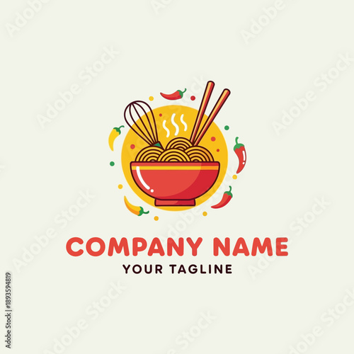 Spicy Noodle Bowl with Whisk and Chopsticks.