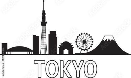 Tokyo japan vector skyline silhouette with famous buildings outlines black and white illustration