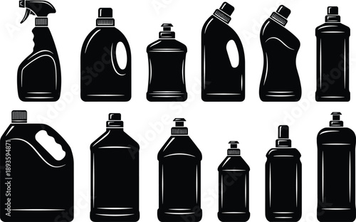 Black silhouette household cleaning bottles vector set featuring detergent containers, spray bottles, soap dispensers, and liquid packaging