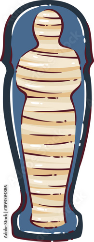 Ancient Egyptian mummy wrapped in linen bandages, preserved mummy inside burial sarcophagus from ancient Egypt, funerary tradition symbol, cartoon doodle vector illustration