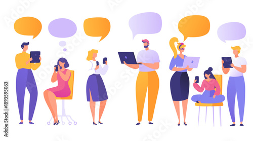 Modern flat illustration of diverse people using phones, tablets, and laptops with speech bubbles. Concept of social media, messaging, online community, and digital conversation.