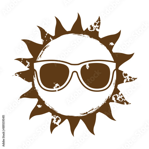 Vintage Grunge texture sun wearing sunglasses icon with grunge effect on white background  summer symbol