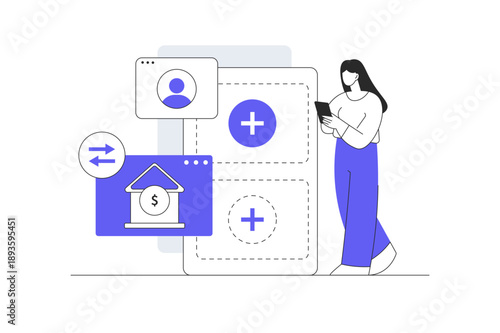 Online E-Banking. Data Protection. Woman Character in online internet banking transfer electronic funds from bank to bank. Sending and receiving money. Flat Cartoon Vector Illustration, icon Stylish 