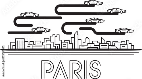 Paris skyline illustration with cars and city buildings in graphic style vector