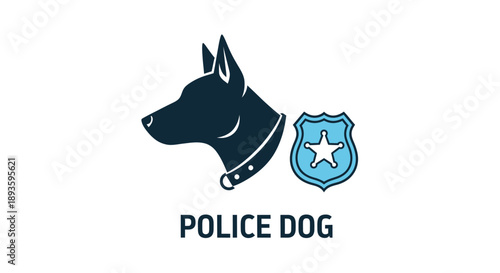 Stylized depiction of a police dog head with a badge and text below