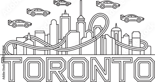 Toronto skyline outline with futuristic cars flying above city architecture