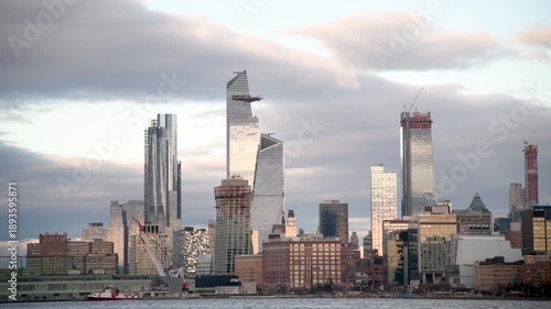 Modern skyline of Midtown Manhattan from a moving boat on the Hudson River