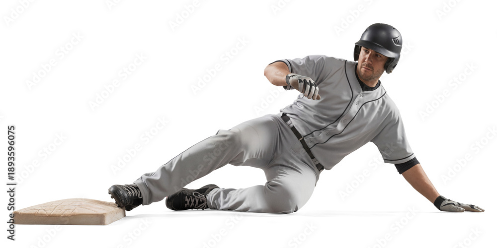 Fototapeta premium Baseball player in gray uniform sliding into a base on the field on isolated background