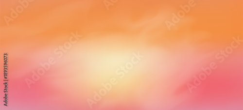 Realistic sky background with warm sunset clouds in peach, gold, and blue gradient. Dreamy evening cloudscape with soft pastel light and dramatic horizon glow. Vector illustration.
