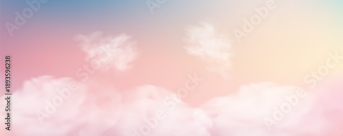 Pink sunset sky with fluffy clouds and pastel gradient creates dreamy backdrop. Soft blue and purple hues blend in realistic twilight scene with warm golden light. Vector illustration.