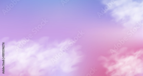 Pastel sky background features soft pink clouds at sunset. Dreamy gradient blends blue, purple and gold in realistic evening cloudscape with warm atmospheric glow. Vector illustration.