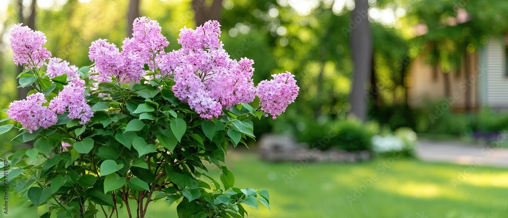 Obraz premium Beautiful lilac flowers bloom in a spring garden with bright green background on a sunny day creating a natural summer scene for viewers