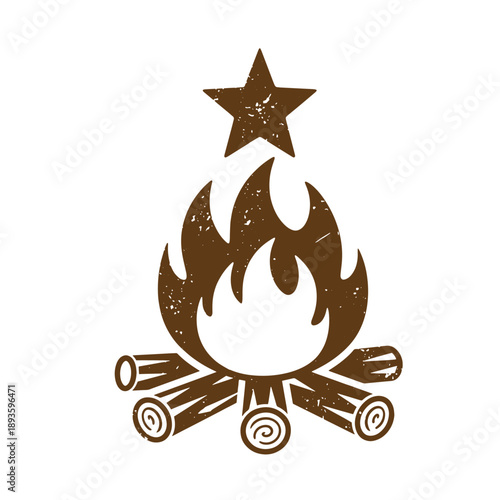 Vintage Grunge texture Vintage illustration of campfire with star on top and logs underneath  outdoor camping symbol