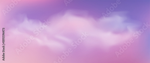 Pastel sky blends pink and purple hues in a realistic gradient, featuring fluffy clouds at dusk with golden light creating a serene twilight atmosphere. Vector illustration.