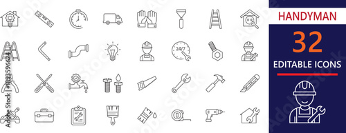 Professional line icon set for handyman services,  labor, constructor, tools, repair , works. Perfect for service apps and websites.