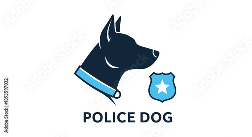 Graphic illustration of a police dog head with a shield and text label