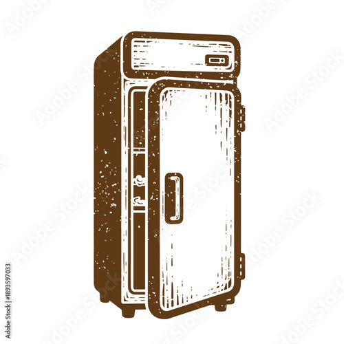 Vintage Grunge texture Vintage style illustration of a refrigerator with a freezer on top  old appliance design